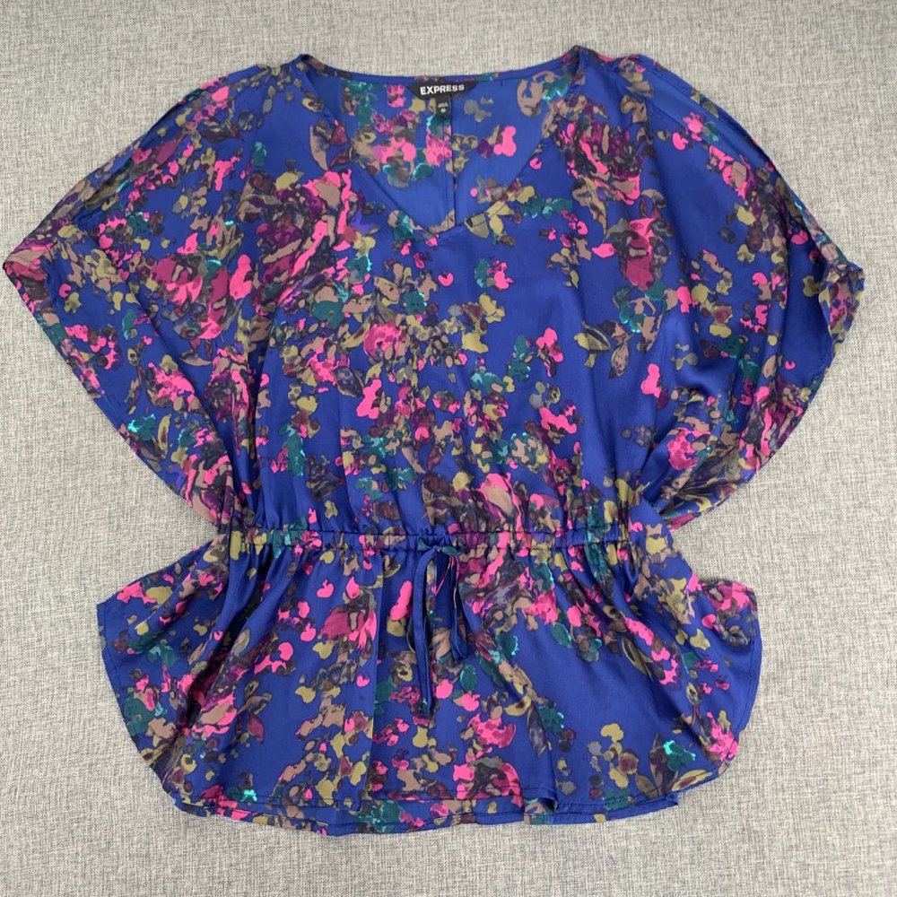 Express Peplum Blue Pink Blouse Kaftan Cold Shoulder Sleeves V-Neck XS Elastic W